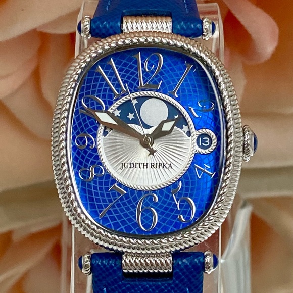 Judith Ripka Stainless Steel Moon Phase Watch Blue Dial and Strap - Picture 1 of 16